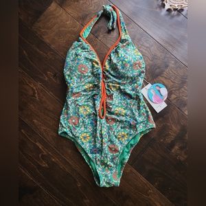 Women's Zinnia Floral Print Halter High Leg Cheeky One Piece Swimsuit - RHO